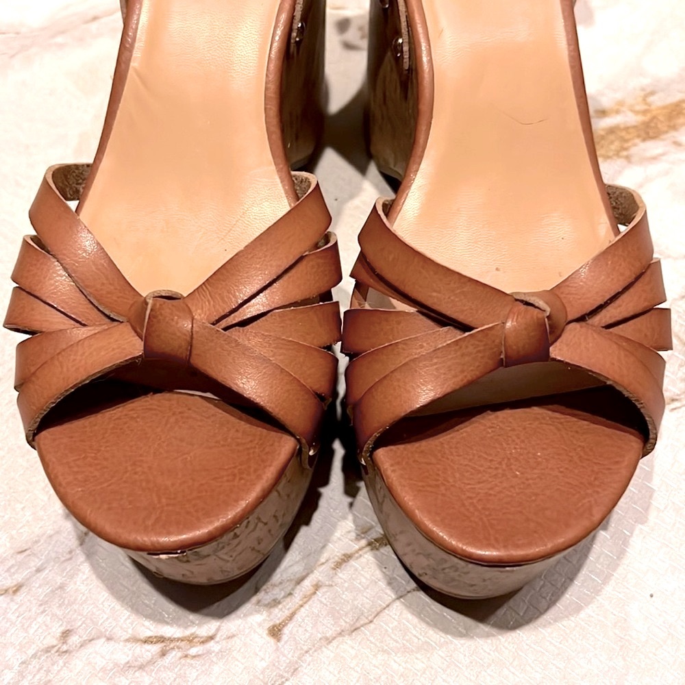 LK NW MOSSIMO 👡 FAUX BROWN LEATHER 4” CORK HEEL PLATFORM WEDGE SANDALS Womens 10 - Picture 8 of 16